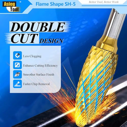 SH-5 5pcs Tungsten Carbide Burr TiN Rotary File Flame Shape Double Cut with 1/4''Shank for Die Grinder Drill Bit - style: 5pcs SH-5 TIN