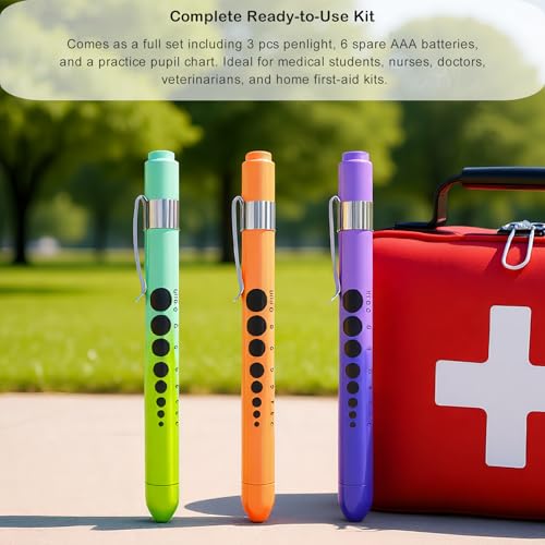 MEUUT Medical Pen Lights for Nurses 3 Pack & 6 AAA Batteries for EMT - color: Gradient-pink+green+purple