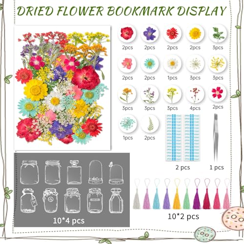 Kaluofan 103PCS Bookmark Making Kit, Transparent Flower Bookmarks, Handmade Dried Flower Bookmark Kit for School, DIY Bookmark Kit with Abundant Bottle Bookmarks Dried Flowers Tassels and Tweezer - color: L00, size: 100PCS