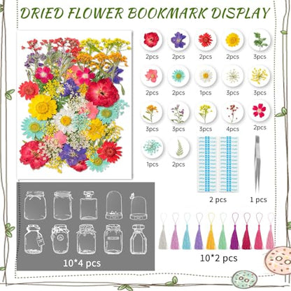 Kaluofan 103PCS Bookmark Making Kit, Transparent Flower Bookmarks, Handmade Dried Flower Bookmark Kit for School, DIY Bookmark Kit with Abundant Bottle Bookmarks Dried Flowers Tassels and Tweezer - color: L00, size: 100PCS