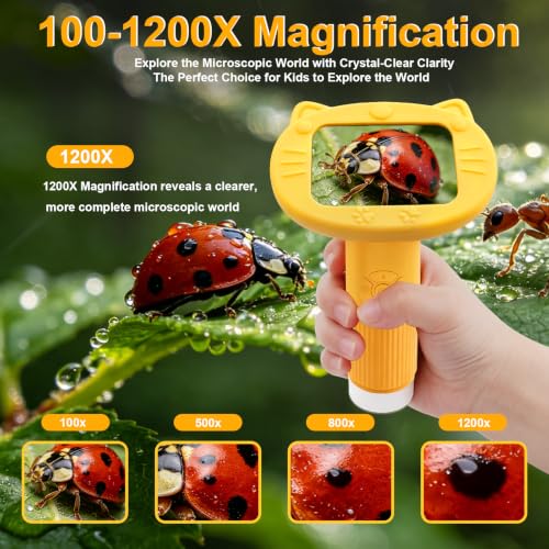Microscope for Kids 100-1200x Handheld Microscope for Kids Digital Microscope 2.4-INCH IPS Screen Portable Digital Microscope for 3-10 Boys Girls Toys Gifts - color: Yellow