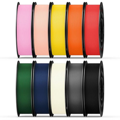 10 Color Bundle PETG 3D Printer Filament 1.75mm, Individually Vacuum Packed, 0.2kg Spool, 10 Pack, Total 2kg, Black+Cream White+Grey+Red+Dark Blue+Green+Orange+Pink+Beige Skin+Yellow
