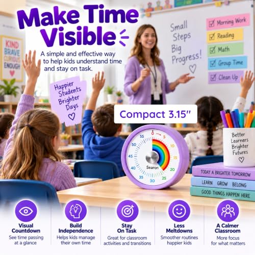Magnetic Visual Timer for Classroom, 60-Minute Rainbow Dial, Purple - color: Purple