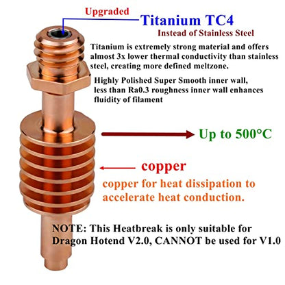 Upgrade Dragon Hotend V2 Heatbreak Core Titanium Copper Standard Flow Feeding Tube Repair Parts High Temperature Compatible with Voron Prusa MK3 3D Printer Phaetus Dragon New SF V2.0 (SF heatbreak) - style: SF heatbreak