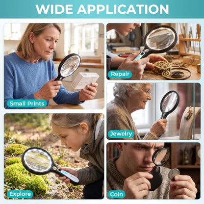 5 Inch Large Magnifying Glass with Light, 10X 30X Rechargeable Lighted Handheld Magnifier with 20X Pocket Magnifying Glass for Low Vision Seniors Reading Small Prints Close Work
