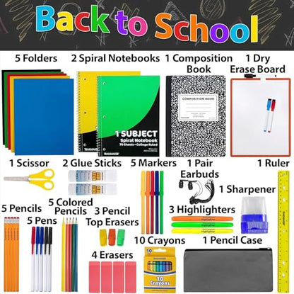 Trail maker Back to School Supplies 60 Piece Bundle Kit for Girls, Boys, Kids, Back to School Supply Box Set Includes Notebooks, Folders, Composition Book, Headphones, Ruler, and More
