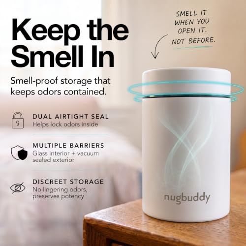 nugbuddy Mini Airtight Storage Container - Vacuum Sealed Insulated w Nested Glass Jar - UV Protection, Temperature Controlled Stainless - 100 ml (1/4 Oz) - color: White, size: 100 ML