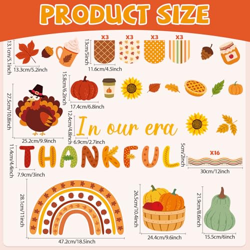 Thanksgiving Turkey Bulletin Board Decorations Pumpkin Maple Leaves Paper Cutouts in Our Thankful Era Bulletin Board Set Fall Party Supplies for Autumn School Chalkboard Wall Window Decoration Favor - style: Fall