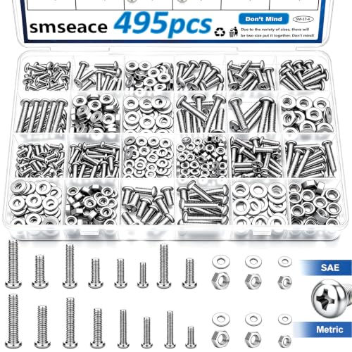 smseace 495Pcs SAE&Metric Nuts and Bolts Assortment Kit 26-Sizes M3/M4/M5#6-32#8-32#10-24 Phillips Pan Head Nut Bolt Washer Assortment Kit for Machinery, Furniture, Automotive, Motorcycle Repair - color: Silver, size: 495Pcs SAE&Metric