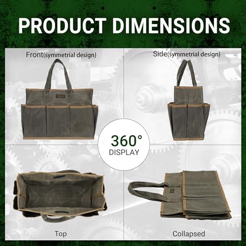 Waxed Canvas Garden Tool Bag Tote, 14 Inch Tool Bag with 10 External Pockets & 1 Large Compartment, Army Green - color: Army Green