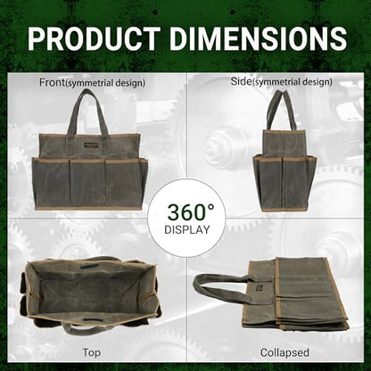Waxed Canvas Garden Tool Bag Tote, 14 Inch Tool Bag with 10 External Pockets & 1 Large Compartment, Army Green - color: Army Green