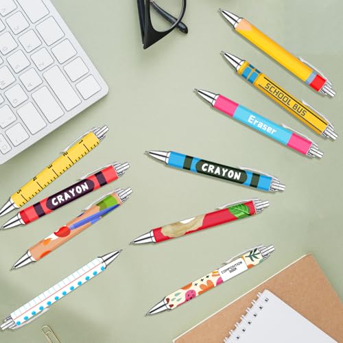 Teacher Appreciation Week Ballpoint Pens Set of 10 – Colorful Crayon-Inspired Teacher Theme Pens with Classroom Supply Designs – Smooth Black Ink Pens for Classroom, Office, and Thank You Gifts - color: Chalk Teacher