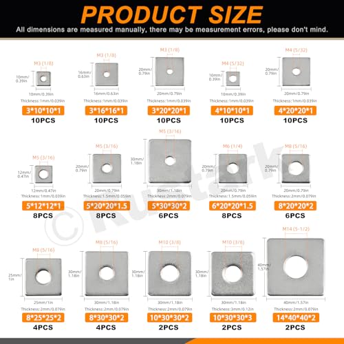 100Pcs 15 Sizes M3-M14 304 Stainless Steel Square Plate Washers Assortment Kit Square Bearing Plate Washer Square Washer Flat Washer Fastener for Construction and Industrial Equipment