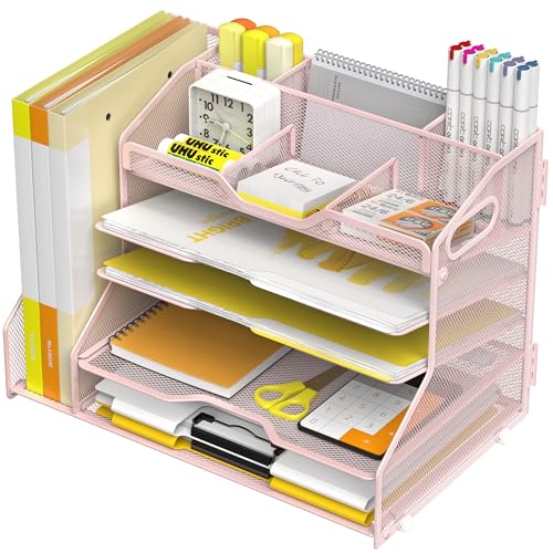 YINGHUA 5-Tier Mesh Desk Organizer and File Holder, Letter Tray - Pink - color: 5 Tier With File Holder-pink