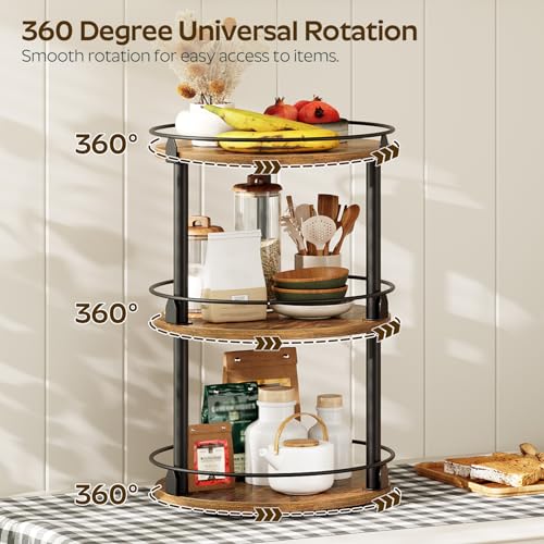 YATINEY 3-Tier Lazy Susan Organizer, Rotating Spice Rack, Spinning Organizer, Industrial Turntable Spice Rack Organizer for Cabinet, Kitchen Countertop, Pantry, Rustic Brown and Black SR23BR - color: Rustic Brown + Black, size: 10.2"L x 10.2"W x 18"H