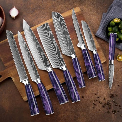 SENKEN 16-Piece Knife Block Set - Japanese High Carbon Stainless Steel with Damascus Pattern, Purple Resin Handles, 6 Steak Knives & Acacia Hardwood Block (Purple) - color: Purple