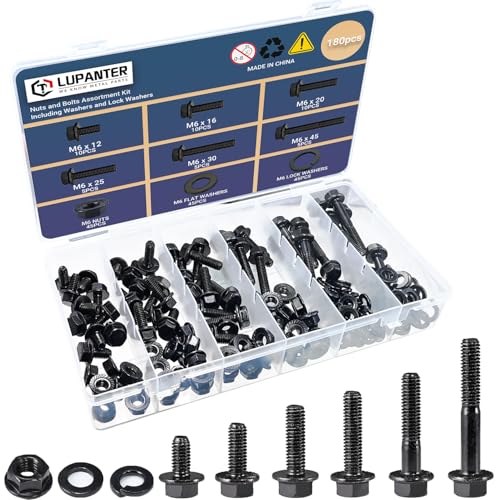 180Pcs M6 Metric Flange Bolt Assortment, M6x1.0, (12mm to 45mm) Assorted Hex Bolts and Nuts Washers Kit for Automotive, 10.9 Black Zinc Galvanized - size: M6 KIT