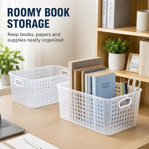 gisgfim 6 Pack Medium Plastic Book Baskets 11 x 7.5 x 4.5 Inches Storage Baskets for Books Papers Supplies s Pantry Shelf Desk Home and Office Use（Clear） - color: Clear