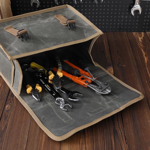 Canvas Tool Tote Bag | 16OZ Waxed Canvas Hand Tools Carrying Bag, Portable Tool Storage Bag with 1 Large Pocket + 2 Side Pockets - for Mechanics Truck Drivers Craftsman | Army Green - color: ArmyGreen