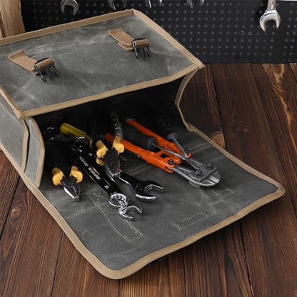 Canvas Tool Tote Bag | 16OZ Waxed Canvas Hand Tools Carrying Bag, Portable Tool Storage Bag with 1 Large Pocket + 2 Side Pockets - for Mechanics Truck Drivers Craftsman | Army Green - color: ArmyGreen