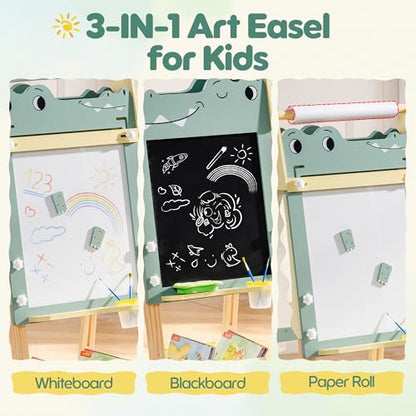 ROBOTIME Alligator Easel for Kids - 3-in-1 Adjustable Height Wooden Children Easel with Magnetic Whiteboard, Chalkboard & Paper Roll Holder, Fun Kid's Art Station for Boys & Girls Ages 3~12 Years