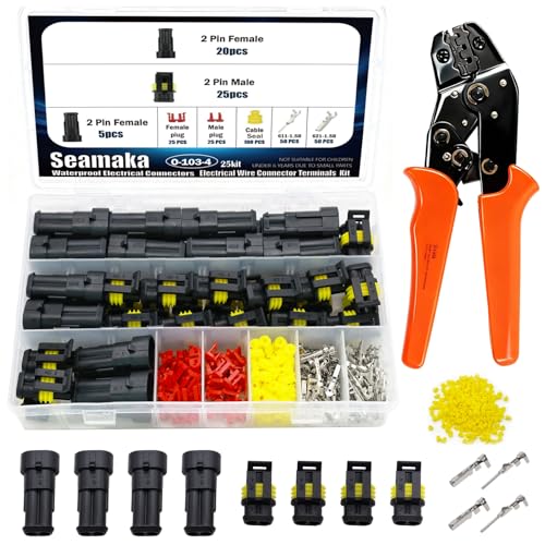 300Pcs 25 Kits 2 Pin Connector,2 Wire Connector with Ratchet Crimping Tool,Automotive Waterproof Electrical Connectors 22-16 AWG - size: 300PCS