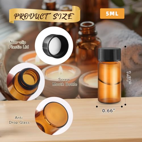 100 Pack,Glass Essential Oil Bottle with Screw Caps,Empty Refillable Travel Glass Liquid Sample Vial Labs Preservation Storage Leakproof Vials Test Container with Black Screw Caps (Amber, 5ml) - color: Amber, size: 5ml