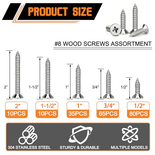 Dianrui 200 PCS 304 Stainless Steel Screws, #8 Wood Screws Assortment Kit, Phillips Drive Sheet Metal Screw Set Marine Grade Length 1/2" to 2" - color: Silver, size: 200PCS #8