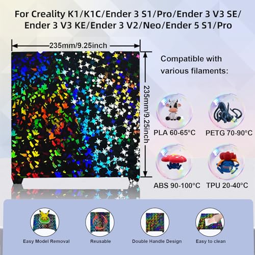 IdeaFormer-3D Rainbow Confetti PEF+Galaxy PEY Build Plate for Creality K1C/K1/K1 SE/Ender 3 V3 SE/Ender 3 V3 KE/Ender 3 S1/Pro/Ender 5 S1, Flexible PEF PEY Spring Steel Effect Sheet 235x235mm - color: Confetti PEF+Galaxy PEY