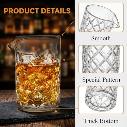 Tebery Seamless Crystal Cocktail Mixing Glass for Stirring Drinks, 16Oz Thick Bottom Bar Mixing Pitcher, Stirring Glass Drink Maker for Bar, Bartenders - size: 15 Ounces