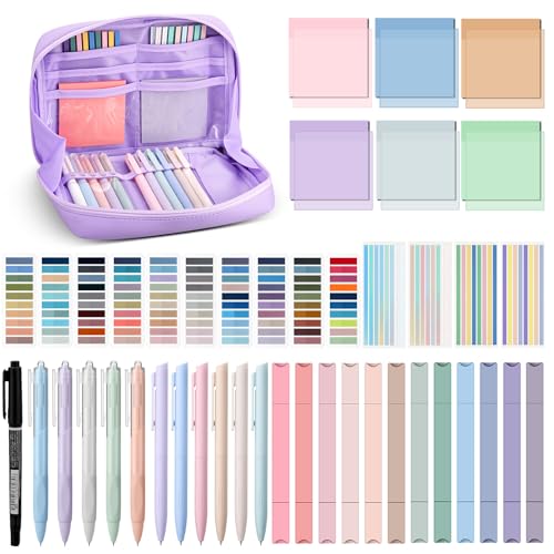 135 Pcs Book Annotation Kit Aesthetic Pencil Case Bag 12 Highlighter 11 Gel Pen 1 Marker 300 Sheet Transparent Sticky Notes Pad 2640 Index Stickers Bible Study Supplies(Kawaii,Purple) - color: Purple, style: Kawaii