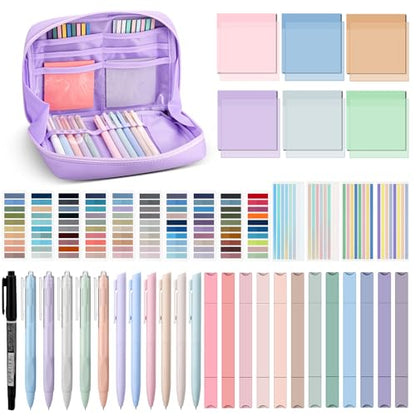135 Pcs Book Annotation Kit Aesthetic Pencil Case Bag 12 Highlighter 11 Gel Pen 1 Marker 300 Sheet Transparent Sticky Notes Pad 2640 Index Stickers Bible Study Supplies(Kawaii,Purple) - color: Purple, style: Kawaii