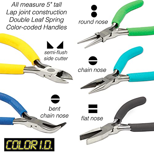 The Beadsmith Color‑ID Plier Set, 5 Piece Jewelry Tool Kit with Comfort Grip Handles, Includes Round, Flat, Bent, Chain Nose & Side Cutter, 5 Inch Lap‑Joint Pliers