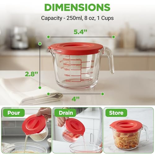 NutriChef 1 Cup Glass Measuring Cup with Lid (8 oz) - Heat-Resistant Borosilicate Liquid Measure Cup with Easy-Read Scale for Cooking, Baking and Food Storage, Dishwasher and Freezer Safe - size: 1 cup with lid