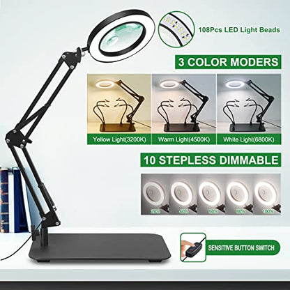 Magnifying Glass with Light and Stand, EOOKU Flexible Magnetic Helping Hand, 5X&10X 12V 108pcs LED Beads Magnifying Lamp, 3 Modes Adjustable Swivel Gooseneck Arms & Heavy Duty Base Plate