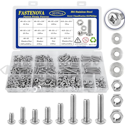 357pcs Machine Screws Assortment Kit, Phillips Pan Head, 304 Stainless Steel Screw Nut Washers Assortment Kit with Case#6-32#8-32#10-24