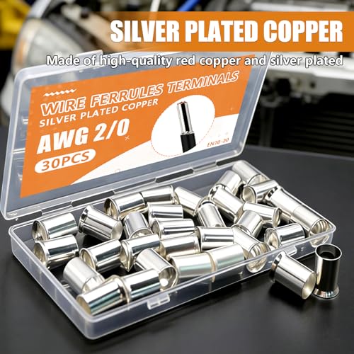 mankk 30PCS AWG 2/0 Wire Ferrules Terminals Kits Silver Plated Copper Ferrules Wire Ends Terminals Crimp Terminal Connector Sleeves (EN70-20) - color: 30PCS