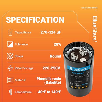 [2025 Upgraded] BlueStars 270-324 uF MFD 220-250 VAC Motor Start Capacitor - size: 270-324 MFD 220-250 VAC
