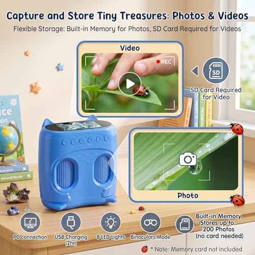 2-in-1 Kids Microscope and Telescope, 1000X Handheld Digital Microscope for Kids, 2.0" Screen, 8 LEDs, 10X Pocket Telescope for Outdoor, 1080P Camera STEM Toys Gifts for Boys Girls 4-12, Blue - color: Blue