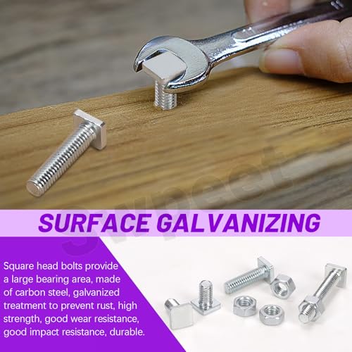 Swpeet 90Pcs 6 Size M6×10/12/16/20/25/35mm Galvanized Square Head Bolt and Hex Nuts Assortment Kit, Fully Thread Galvanized Square Head Screw, Square Machine Screws, Square Head T-Bolt