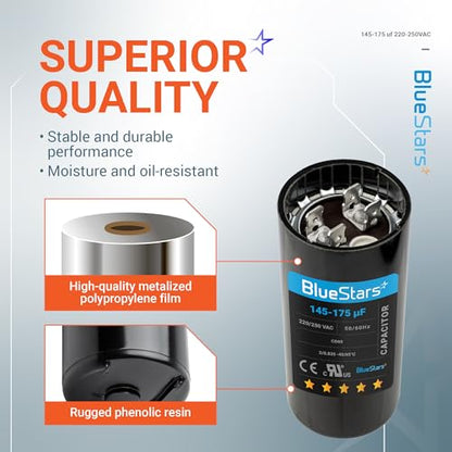 [2025 Upgraded] BlueStars 145-175 uf MFD 220-250 Round Motor Start Capacitor CD60 AC Single Phase Capacitors 50/60 Hz - Fit Air Conditioner Motors Starting, Pool Pump, Well Pump and Electric Motor - size: 145-175 MFD 220-250 VAC
