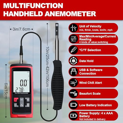 Upgraded Hotwire Anemometer Handheld Anemometer with Telescopic Probe Wind Speed Meter with Software Output for Airflow Air Velocity Temperature CFM Meter Used in HVAC (Model AMF029A) - size: Model 3
