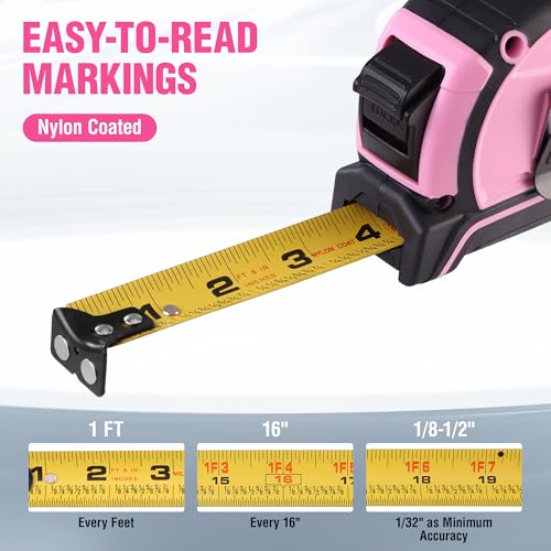 WORKPRO 25FT Pink Tape Measure, Dual Lock Measuring Tape - Pink Ribbon