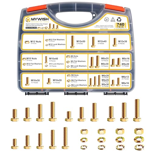 740Pcs M6 M8 M10 M12 Metric Bolts and Nuts Kit, M6x1.0 M8x1.25 M10x1.5 Bolt, Grade 8.8 Heavy Duty Nuts and Bolts Assortment Kit, Flat & Lock Washers, Yellow Zinc Plated Coating by Mywish - color: Yellow, size: 740Pcs M6 M8 M10 M12