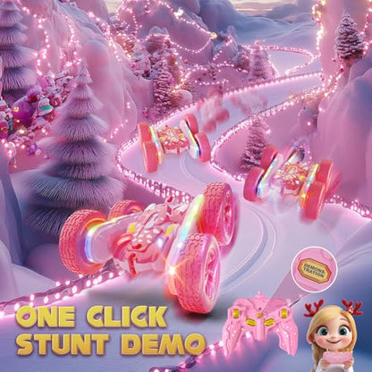 Terucle Remote Control Car for Girls, Pink RC Cars Stunt RC Car Girl Toys for Girls Double-Sided 360° Rotating with Headlights 4WD Kid Toys for Birthday Gifts (Pink) - color: Pink