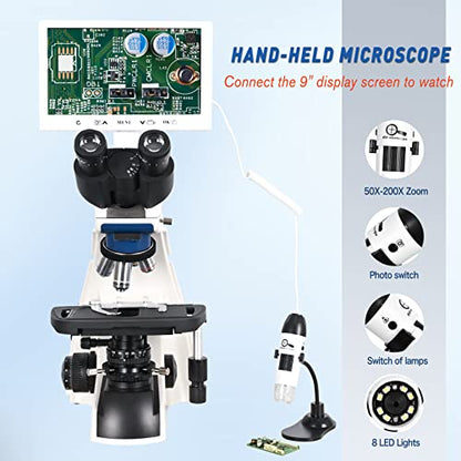 HSL Trinocular Compound Microscope for Adults Professional,9 inch LCD Digital Microscope kit,Electron microscopes Light,Biological Microscope LAB with Screen 400x 1000x Micro Scope