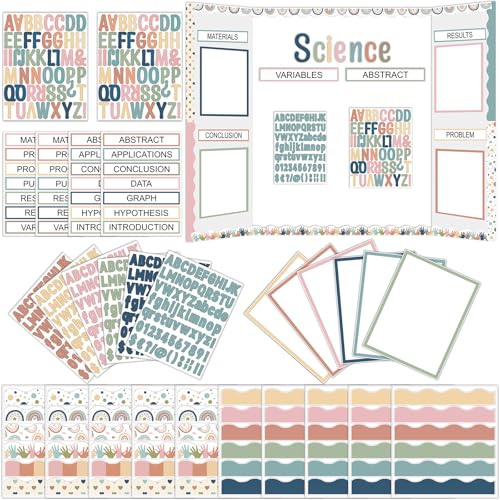 129Pcs Boho Science Fair Board Supplies Includes Self Adhesive Science Fair Project Titles Subtitles Presentation Bulletin Border Letter Stickers Trim Scalloped Bulletin Borders for Classroom Office - style: Bohemian