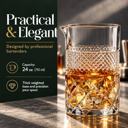 Barillio 24 Oz Crystal Cocktail Mixing Glass with Bamboo Stand & Bar Tools | Seamless Lead-Free Crystal, Weighted Base Stirring Pitcher | Including Muddler, Mixing Spoon, Jigger and Strainer - size: 7-Piece Set (24 oz)