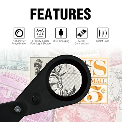 10X Rechargeable Jewelers Loupe with UV & LED Lights Four Light Modes, 22mm Triplet Lens Illuminated Folable Eye Loop Magnifier Pocket Jewelry Magnifying Glass for Jewelry, Gemstone, Coins, Stamps - color: Black