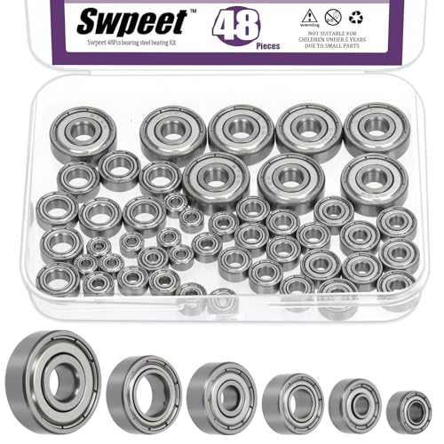 Swpeet 48Pcs 6 Sizes 693ZZ, 623ZZ, 624ZZ, 685ZZ, 687ZZ,627ZZ Ball Bearings Assortment Kit, Bearing Steel Deep Groove Bearings, Double Shielded - size: Assortment Kit-48PCS, style: Bearing Steel